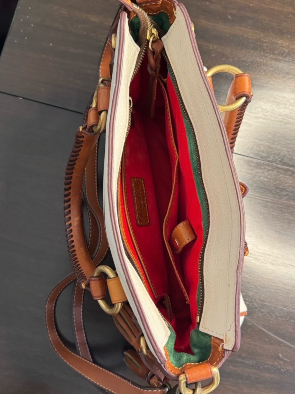 Dooney & Bourke Cream Leather Satchel with Brown Trim and Brass Hardware - Picture 8 of 12